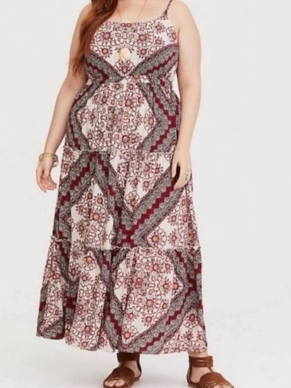 torrid Burgundy and Cream Printed Maxi Dress with Spaghetti Straps
